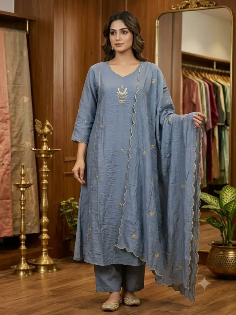 Slate Blue Hand-Embroidered Surat Mull Chanderi 3-Piece Set