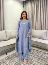 Slate Blue Hand-Embroidered Surat Mull Chanderi 3-Piece Set