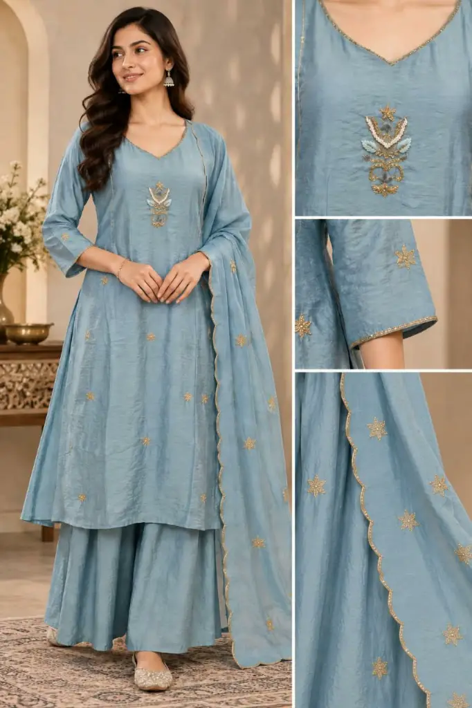 Mull Chanderi Blue Floral Handwork 3-Piece Kurta Set