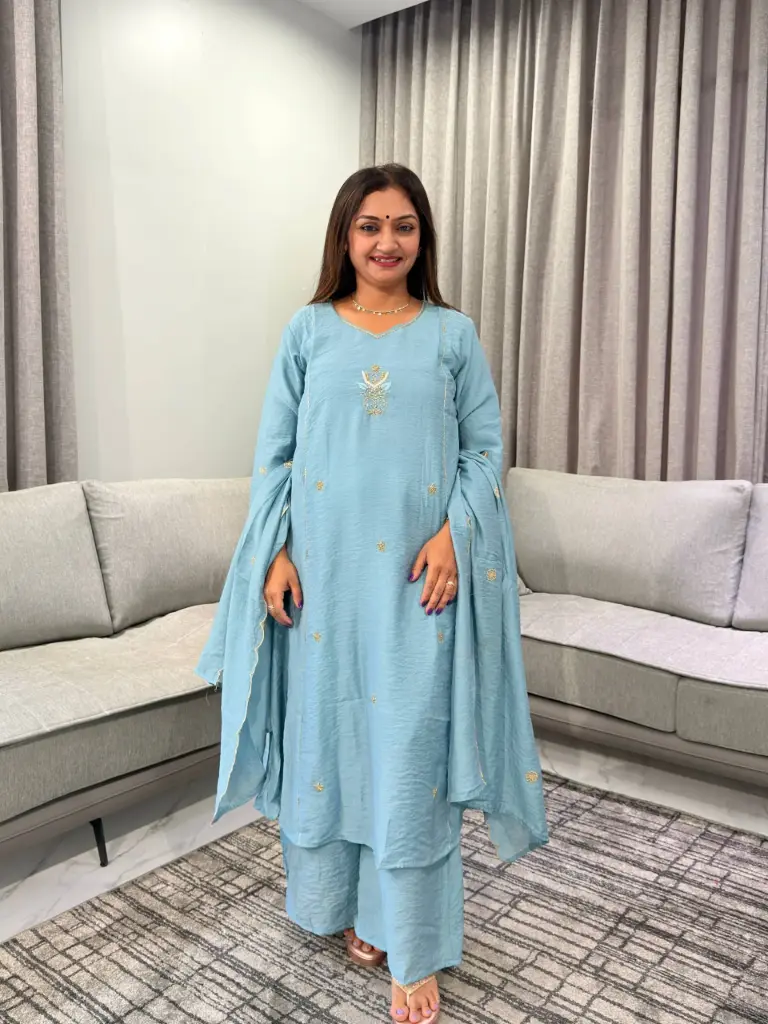 Mull Chanderi Blue Floral Handwork 3-Piece Kurta Set
