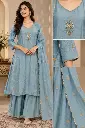 Mull Chanderi Blue Floral Handwork 3-Piece Kurta Set
