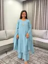 Mull Chanderi Blue Floral Handwork 3-Piece Kurta Set