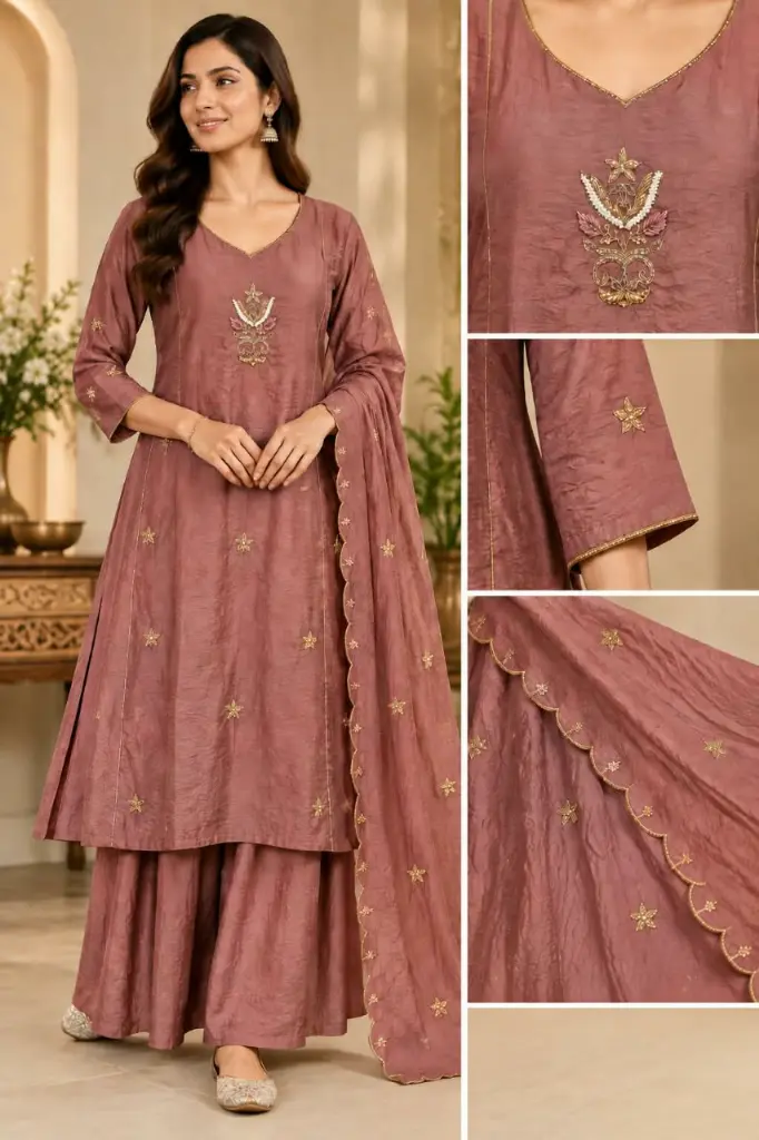 Rosewood Golden Floral Handwork Pure Mull Chanderi 3-Piece Kurta Set