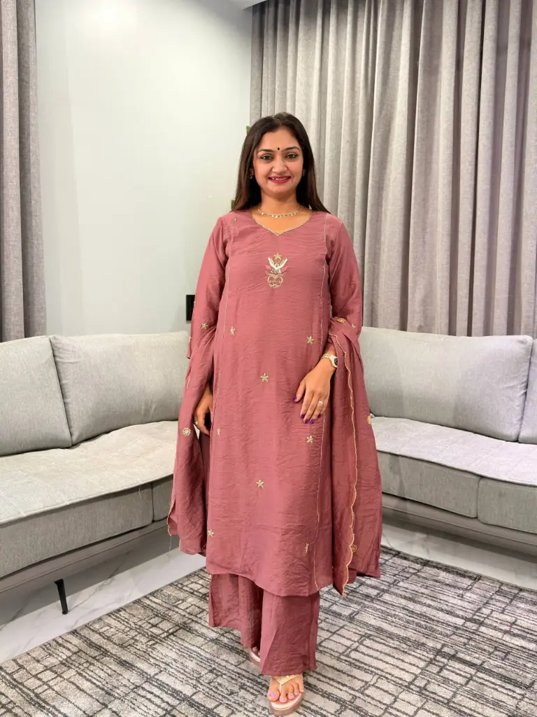 Rosewood Golden Floral Handwork Pure Mull Chanderi 3-Piece Kurta Set