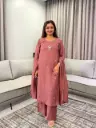 Rosewood Golden Floral Handwork Pure Mull Chanderi 3-Piece Kurta Set