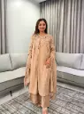 Beige Floral Embroidered Pure Mull Crush Chanderi 3-Piece Set