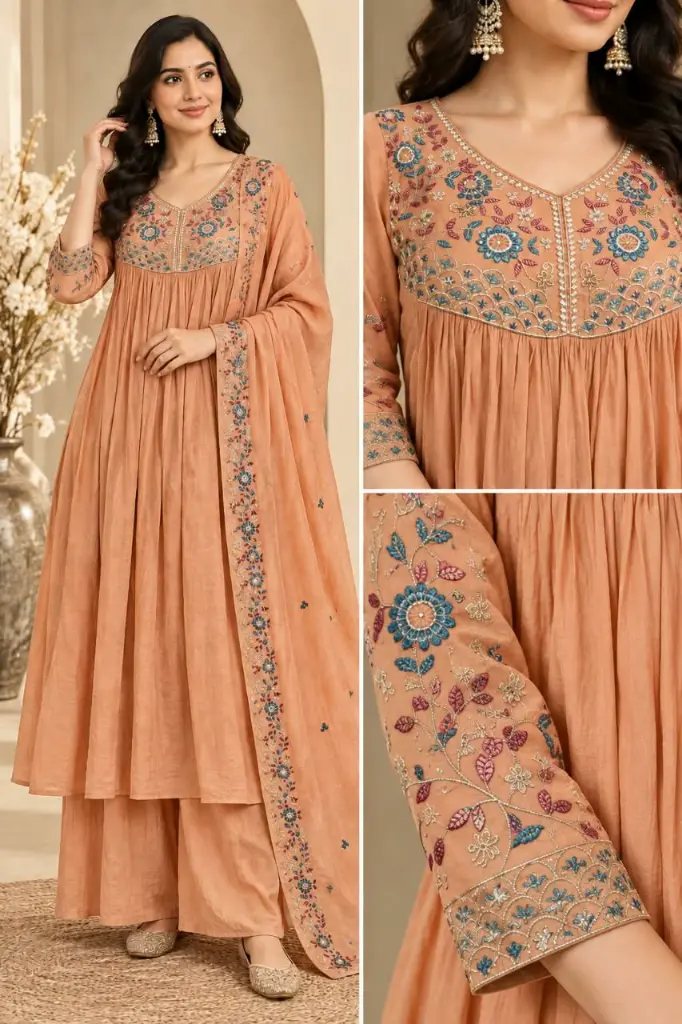Peach Coral Floral Embroidered Pure Mull Crush Chanderi 3-Piece Set