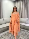 Peach Coral Floral Embroidered Pure Mull Crush Chanderi 3-Piece Set