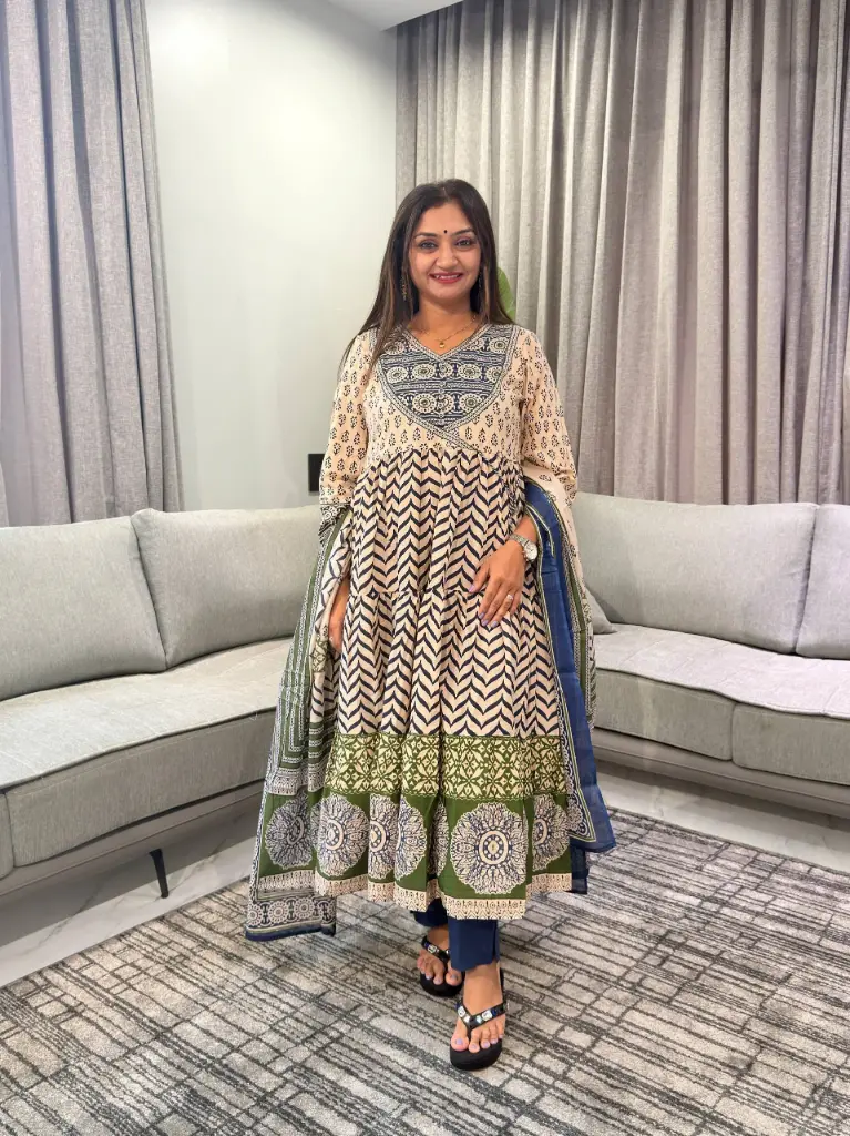 Indigo & Olive Tiered Block Printed Pure Mull Cotton Anarkali Set
