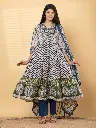 Indigo & Olive Tiered Block Printed Pure Mull Cotton Anarkali Set