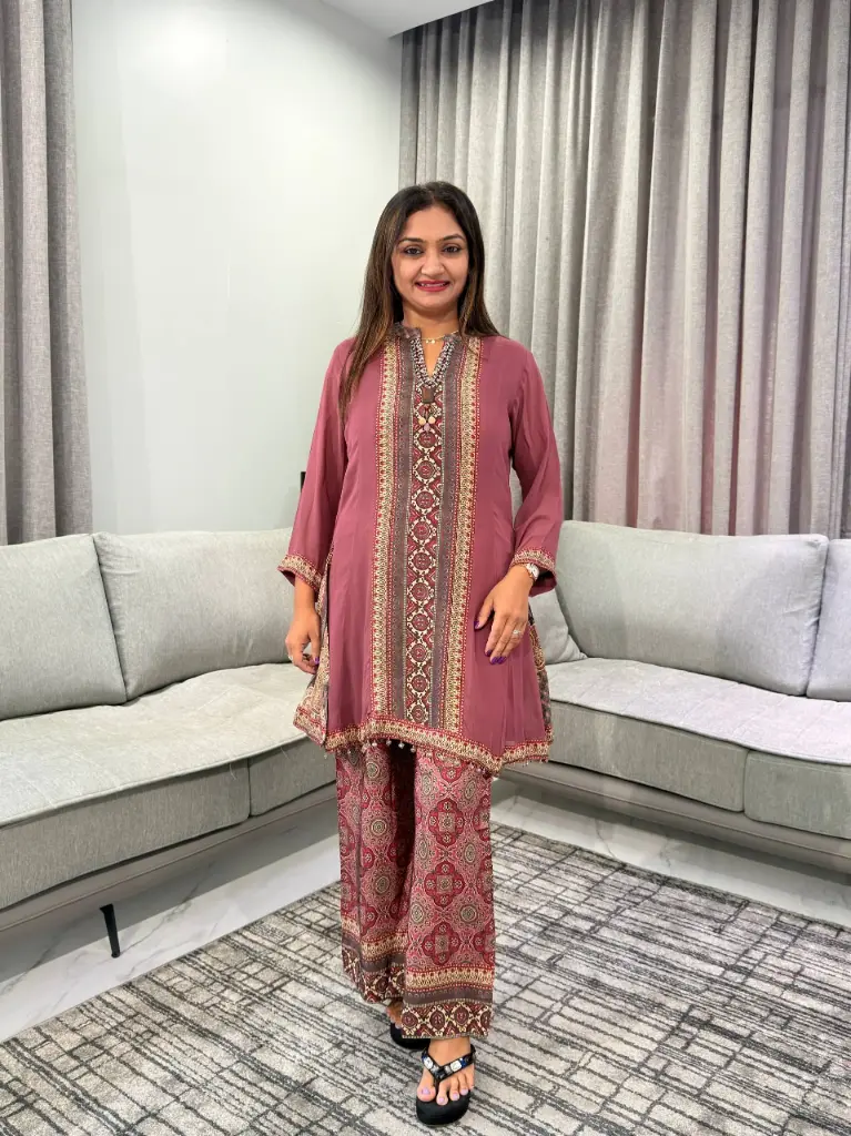 Wine Maroon Printed Pure Muslin Crepe Co-Ord Set