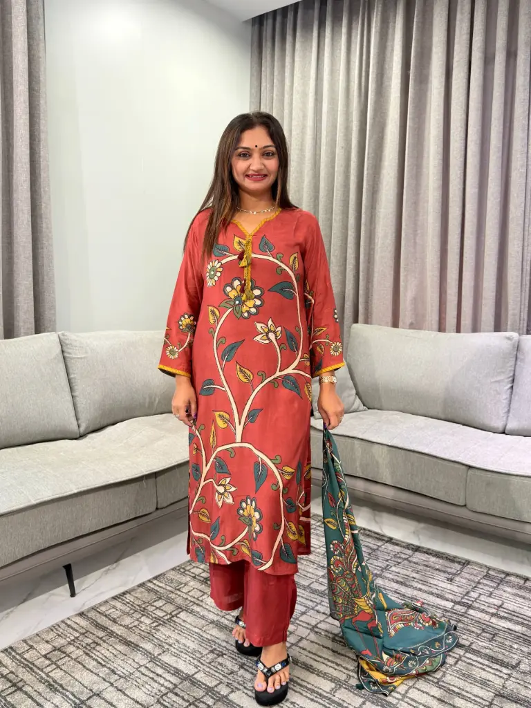 Rust Red Kalamkari Printed Pure Muslin Crepe 3-Piece Set