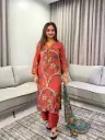 Rust Red Kalamkari Printed Pure Muslin Crepe 3-Piece Set