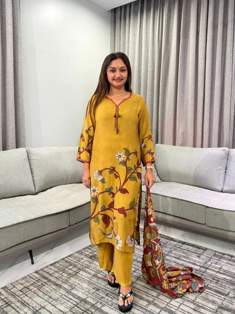 Mustard Yellow Kalamkari Printed Pure Muslin Crepe 3-Piece Set