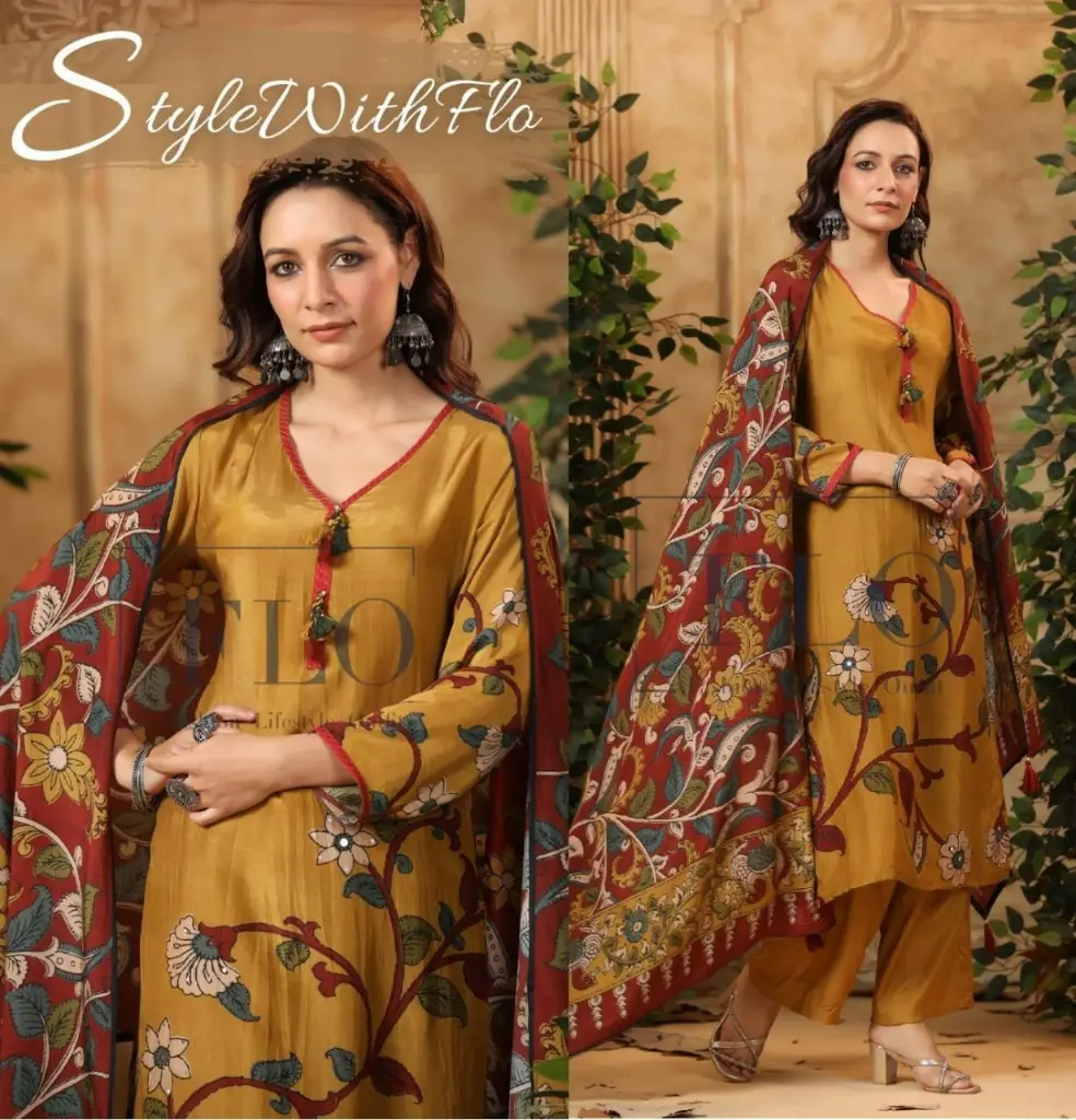 Mustard Yellow Kalamkari Printed Pure Muslin Crepe 3-Piece Set
