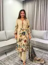 Beige Kalamkari Printed Pure Muslin Crepe 3-Piece Set
