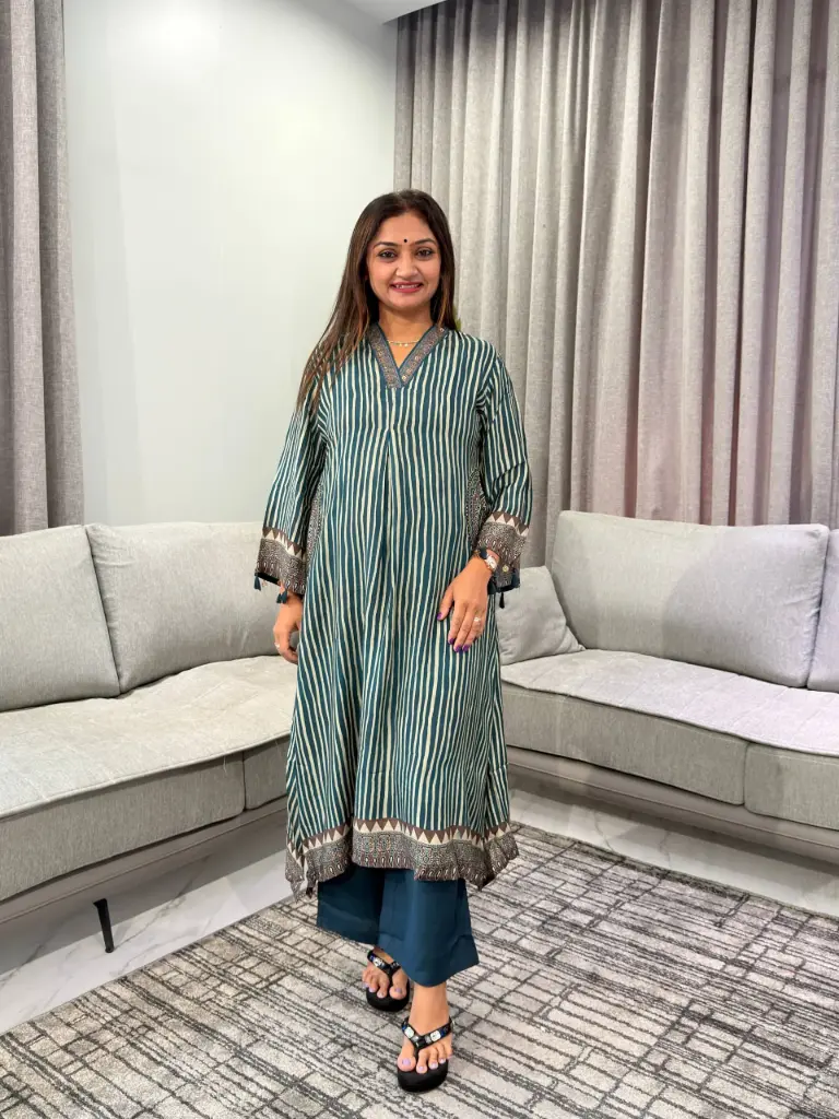 Teal Blue Striped Pure Muslin Crepe 2-piece kurta Set
