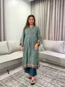 Teal Blue Striped Pure Muslin Crepe 2-piece kurta Set