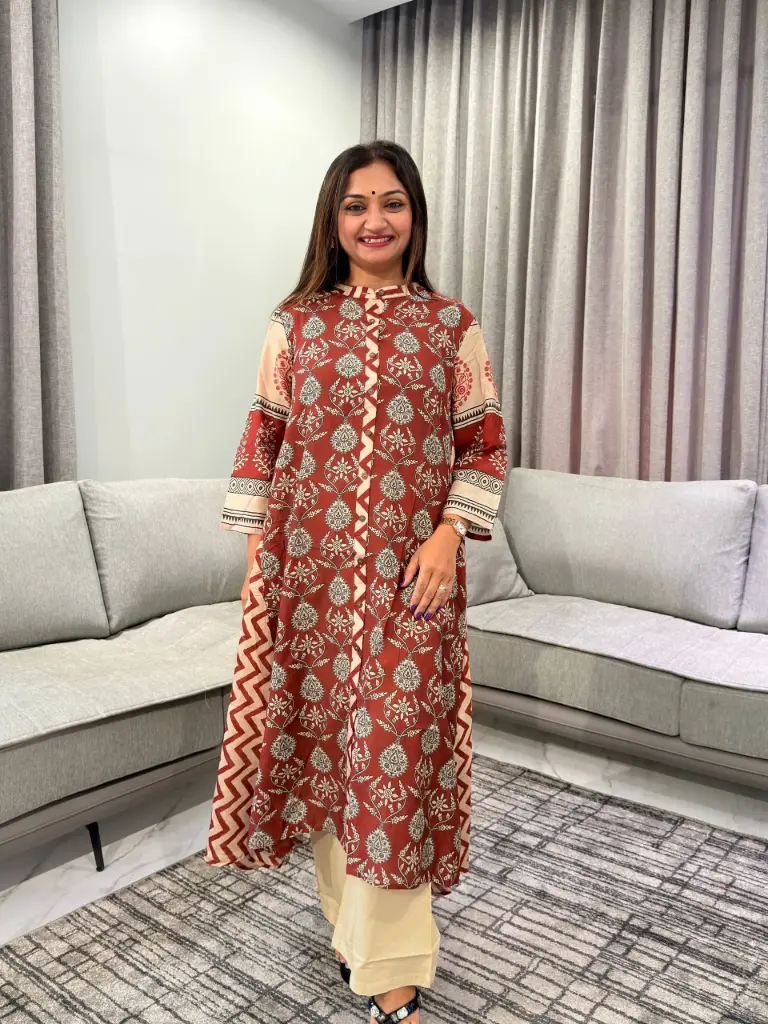 Rust Red Block Printed Pure Muslin Crepe 2-Piece Kurta Set