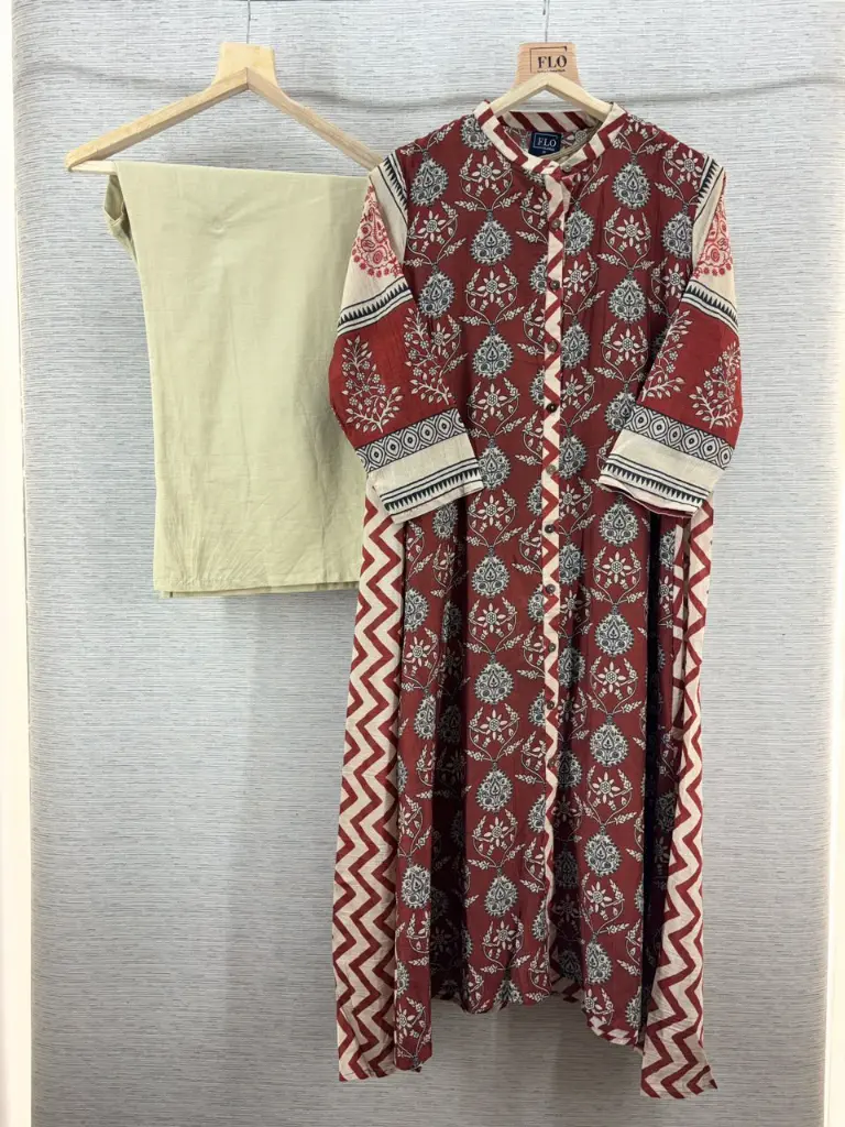 Rust Red Block Printed Pure Muslin Crepe 2-Piece Kurta Set