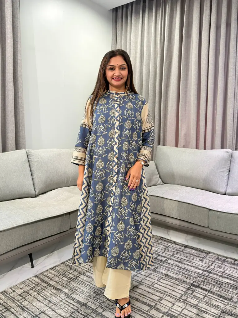 Indigo Blue Block Printed Pure Muslin Crepe 2-Piece Kurta Set