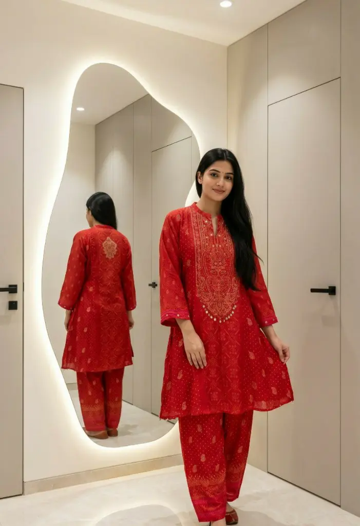 Crimson Red Bandhani Printed Pure Muslin Crepe Co-Ord Set