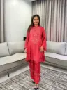 Crimson Red Bandhani Printed Pure Muslin Crepe Co-Ord Set
