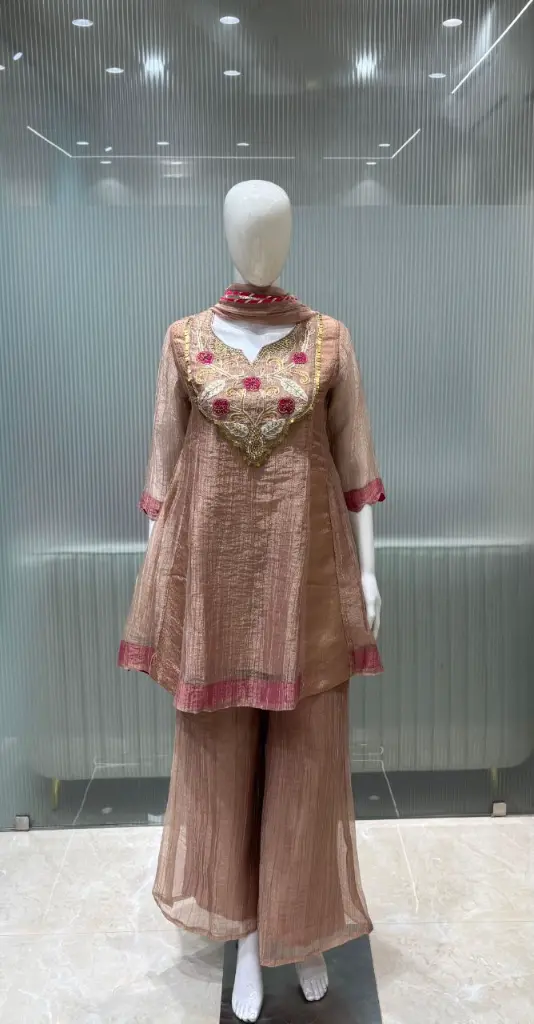 Pure Festive Tissue Rose Gold Floral Hand-Worked Indo-Western Co-Ord Set