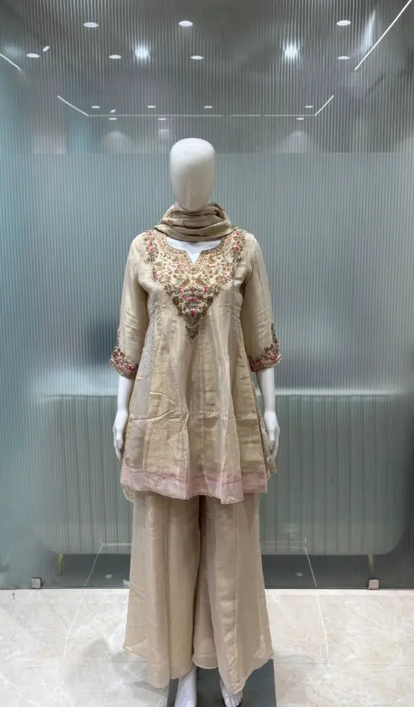 Beige Gold Festive Pure Tissue Silk Indo-Western 3-Piece Set