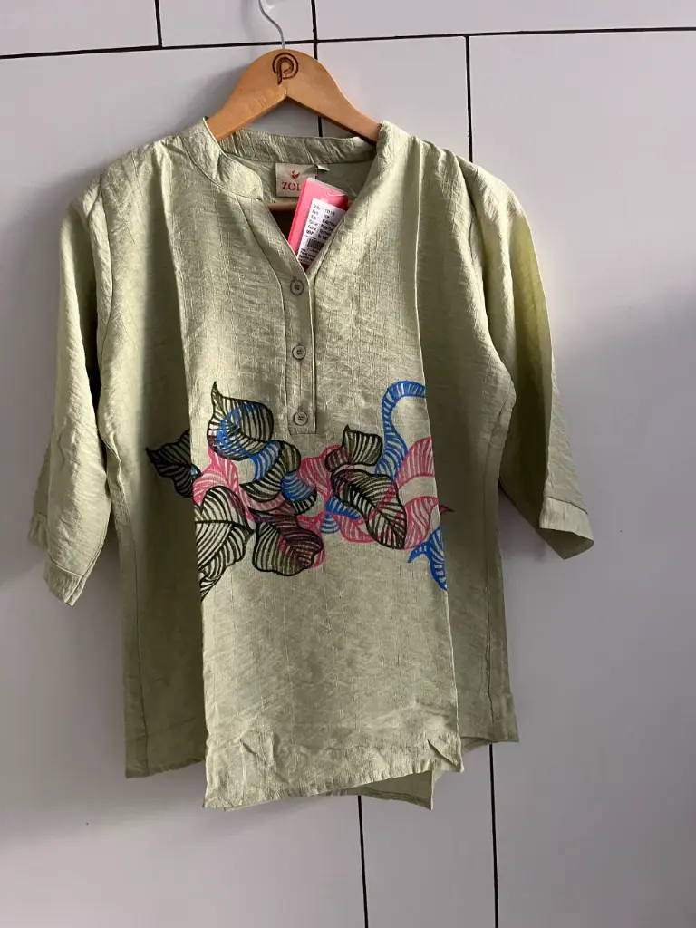 Imported Linen Abstract Printed Sage Green Tunic Top