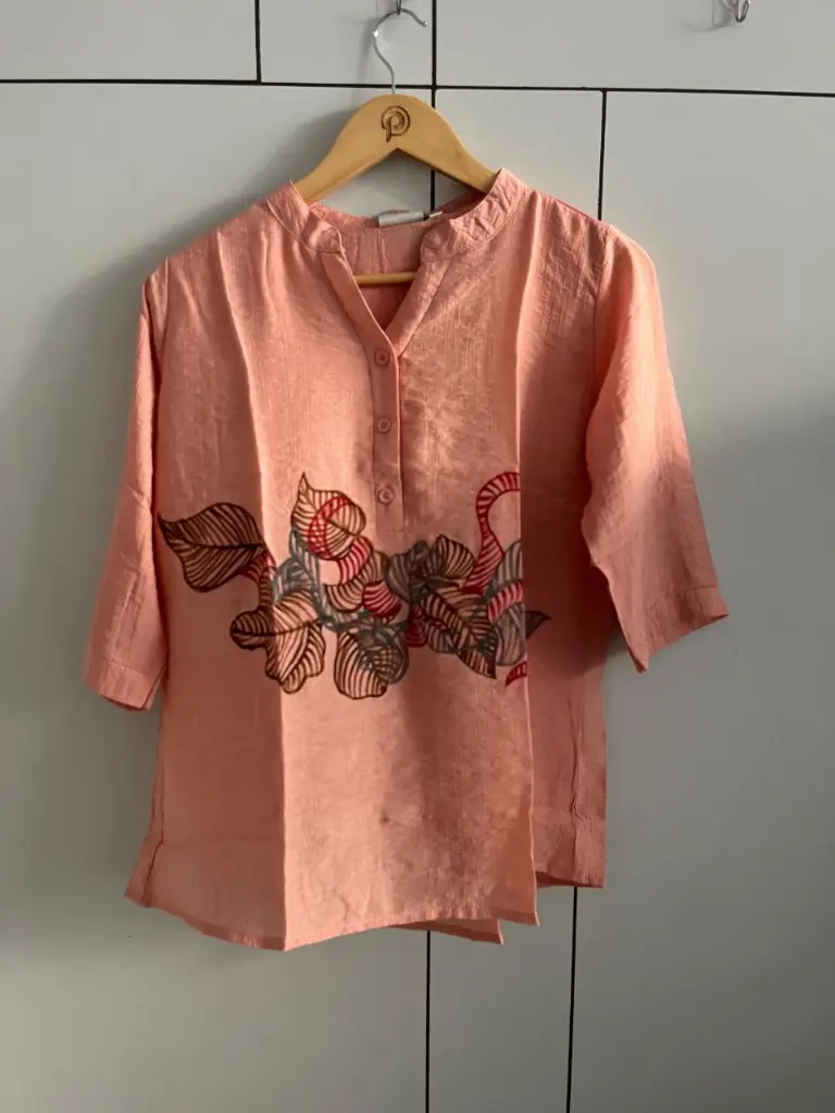 Peach Printed Pure Imported Linen Casual Top