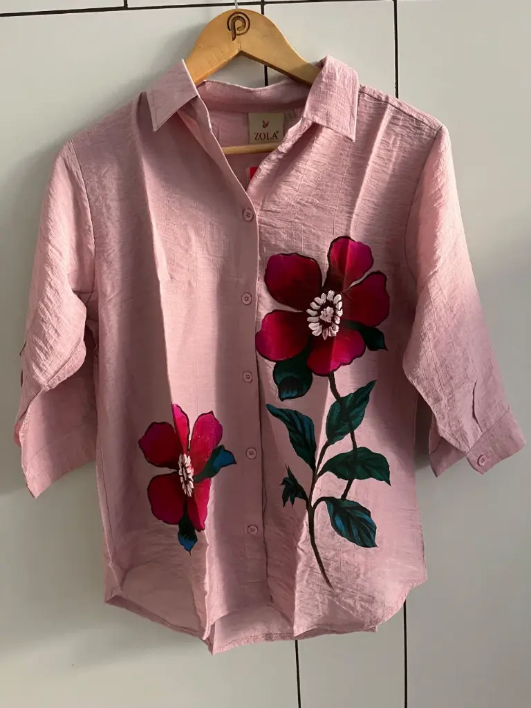 Dusty Pink Floral Painted Pure Imported Linen Shirt
