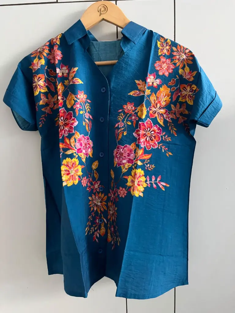 Teal Blue Floral Printed Pure Imported Linen Shirt