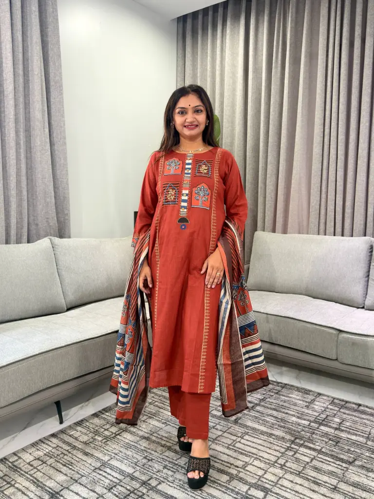Rust Orange Hand-Worked Pure Soft Flex Cotton 3-Piece Set