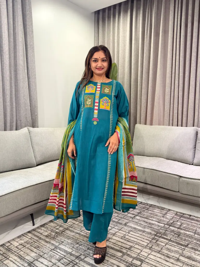 Teal Blue Hand-Worked Pure Soft Flex Cotton 3-Piece Set