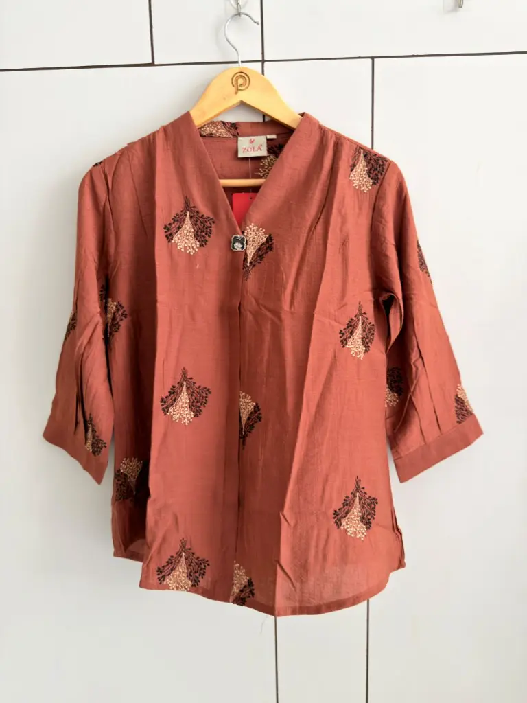 Rust Brown Embroidered Pure Imported Linen Casual Top