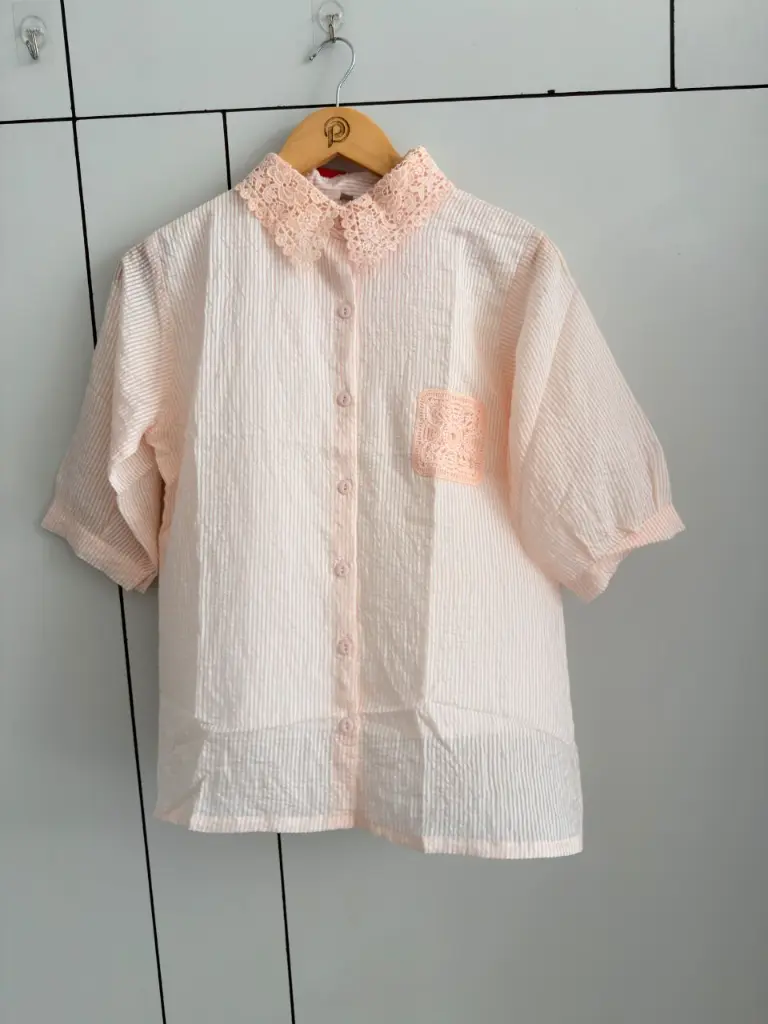 Peach Striped Lace-Collared Pure Imported Linen Top