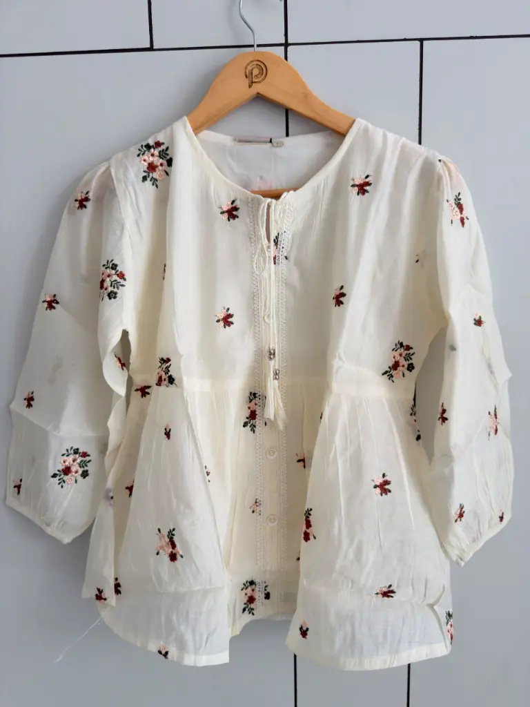 Off-White Floral Embroidered Pure Imported Linen Peplum Top
