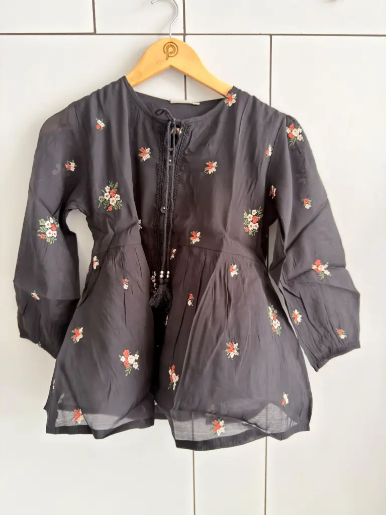 Charcoal Grey Floral Embroidered Pure Imported Linen Peplum Top