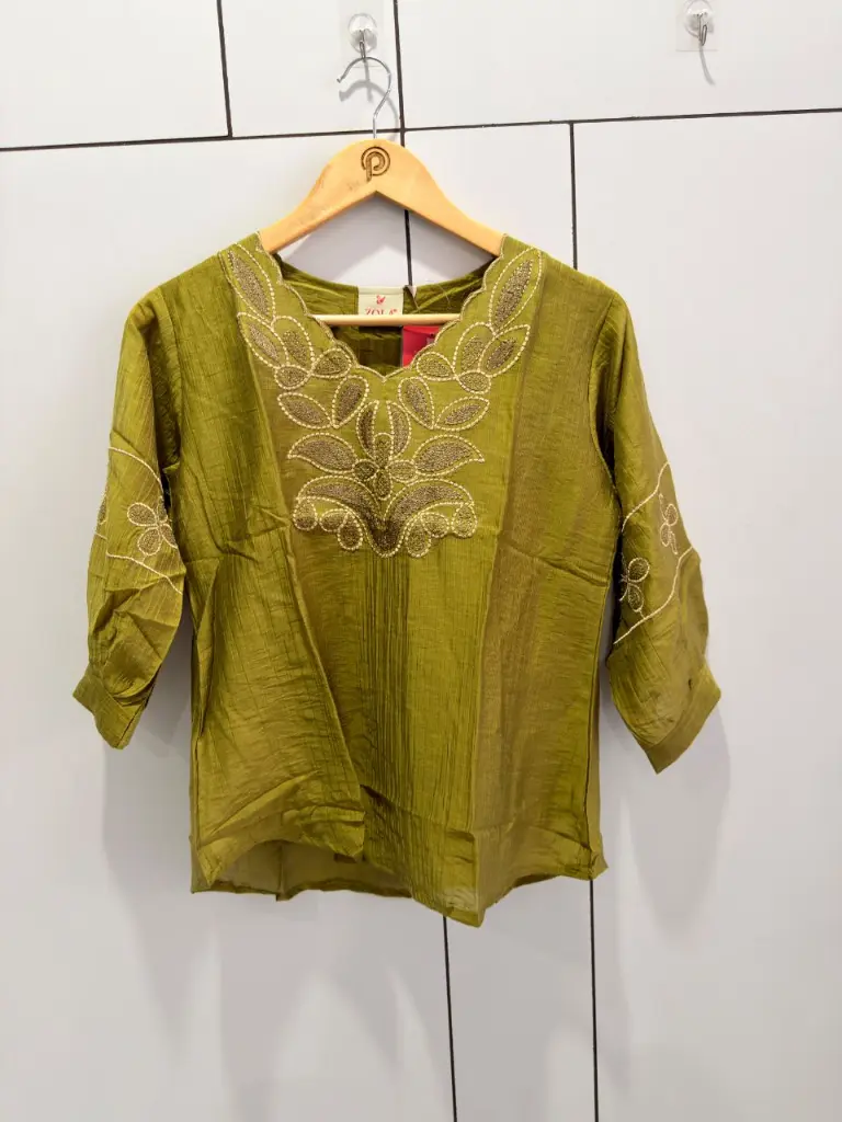 Olive Green Gold-Thread Embroidered Pure Imported Linen Top