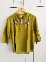 Olive Green Floral Embroidered & Embellished Pure Imported Linen Top
