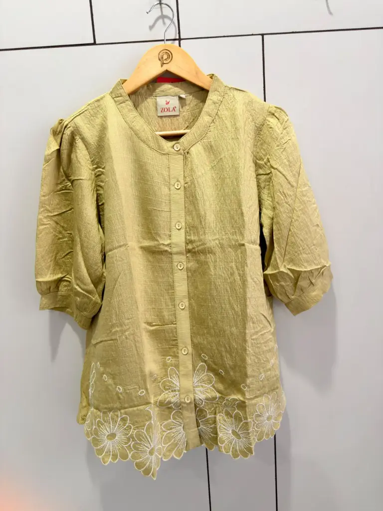 Olive Green Scallop-Hem Embroidered Pure Imported Linen Top