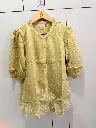 Olive Green Scallop-Hem Embroidered Pure Imported Linen Top