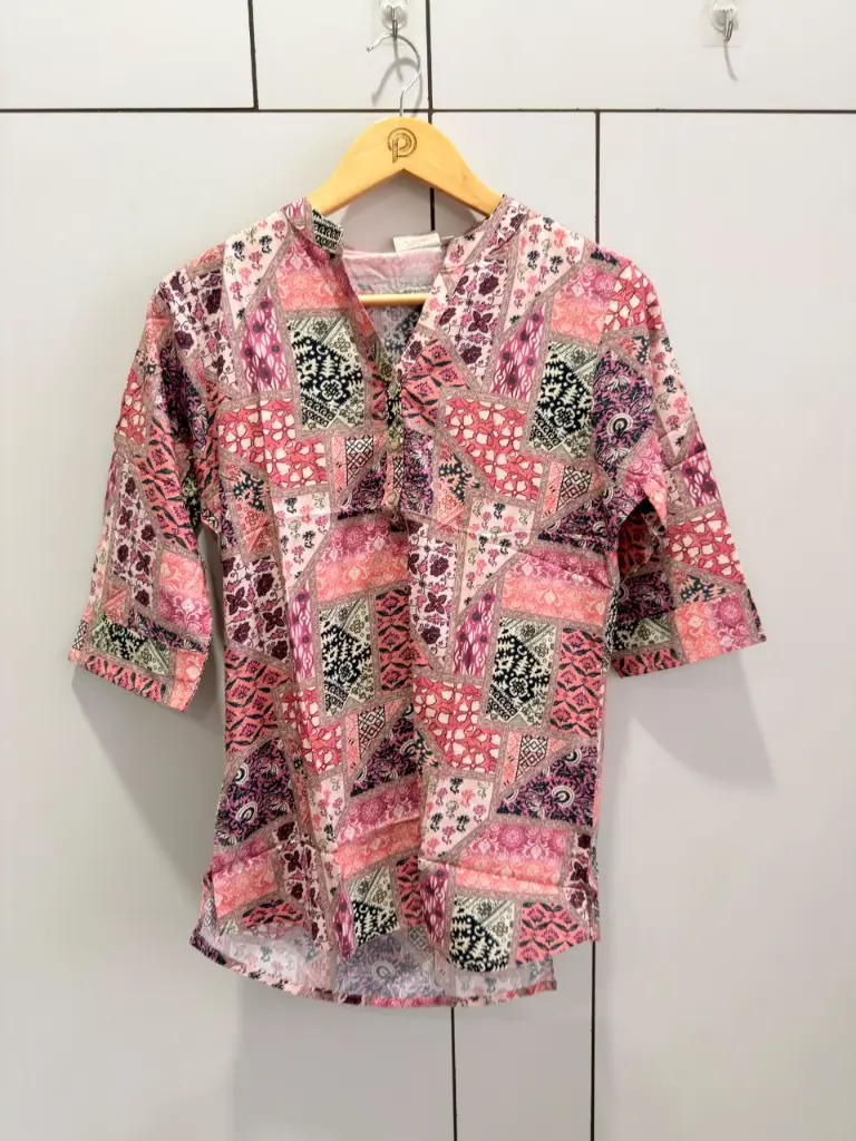 Pink & Multi-Color Patchwork Print Pure Imported Linen Top