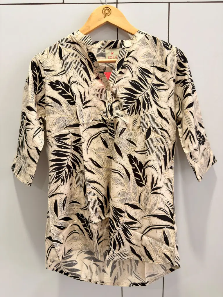 Black & Beige Tropical Leaf Print Pure Imported Linen Top