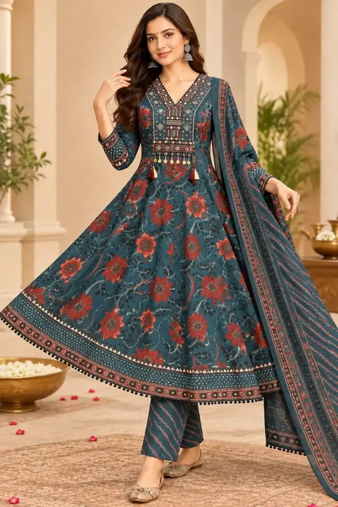Teal Blue & Rust Floral Printed Cotton Anarkali Kurta Set