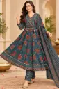 Teal Blue & Rust Floral Printed Cotton Anarkali Kurta Set