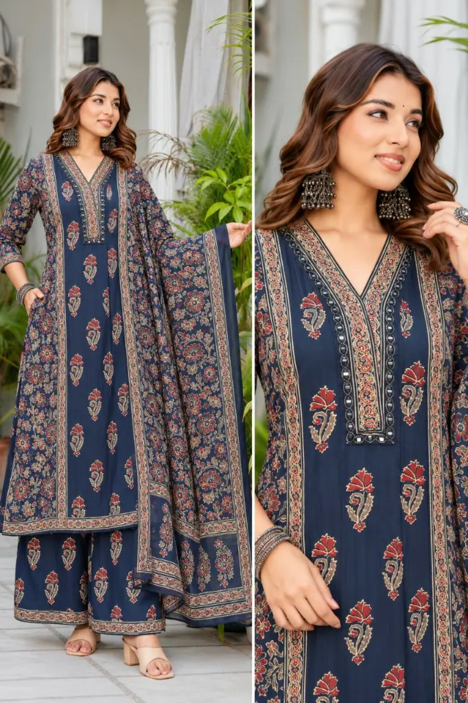 Navy Blue Floral Printed Cotton 3-Piece Kurta Set