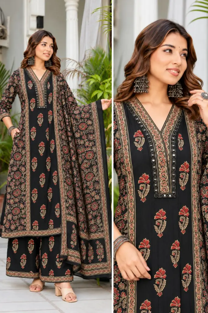 Black & Rust Floral Printed Cotton 3-Piece Kurta Set
