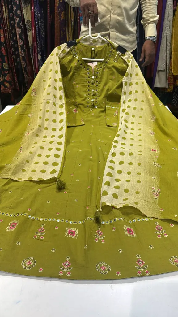 Olive Green Pure Mul Anarkali Set  